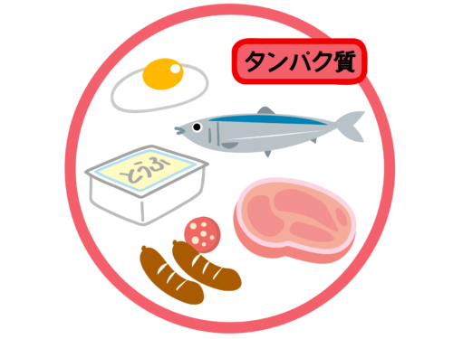 たんぱく質が豊富な卵、豆腐、魚、肉、ソーセージ